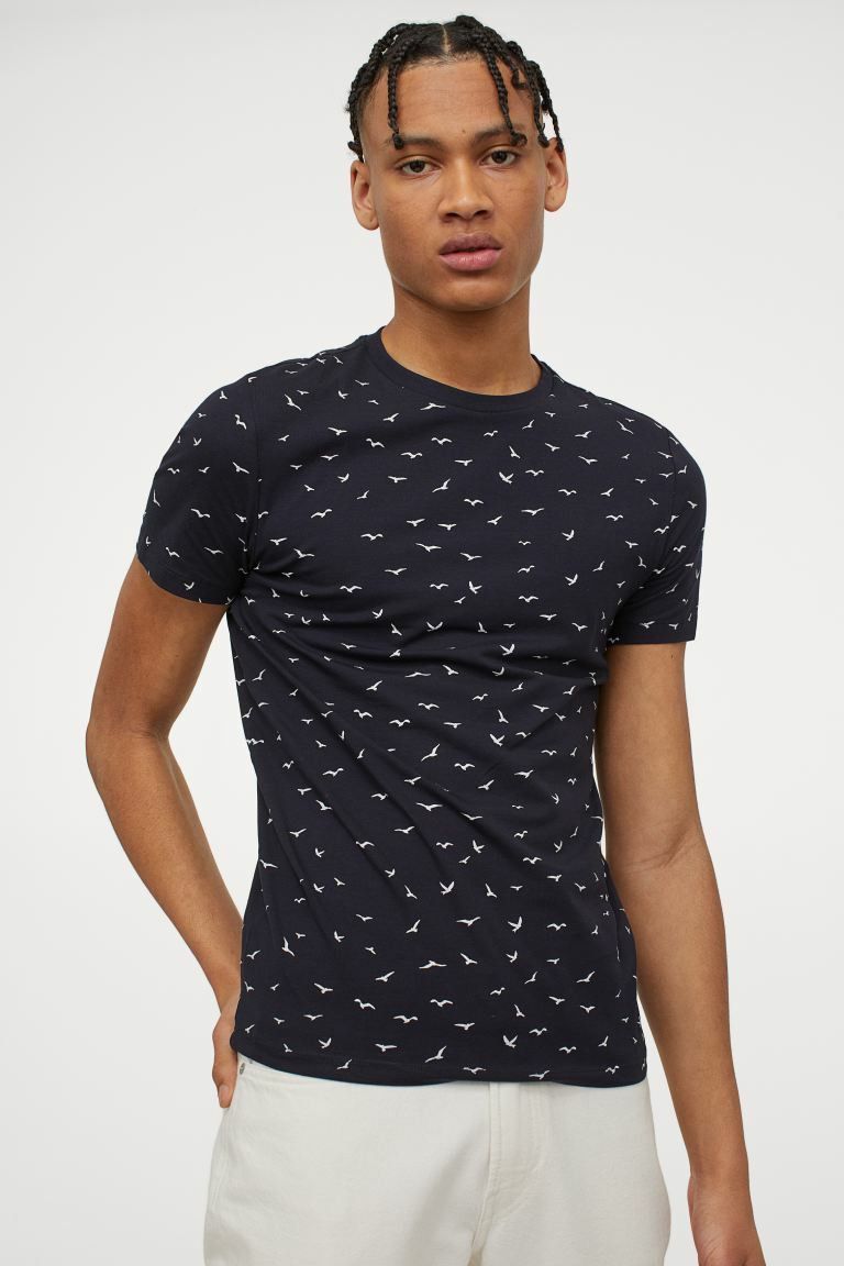 Dark Blue/Seagulls Patterned Muscle Fit T-shirt Size: M