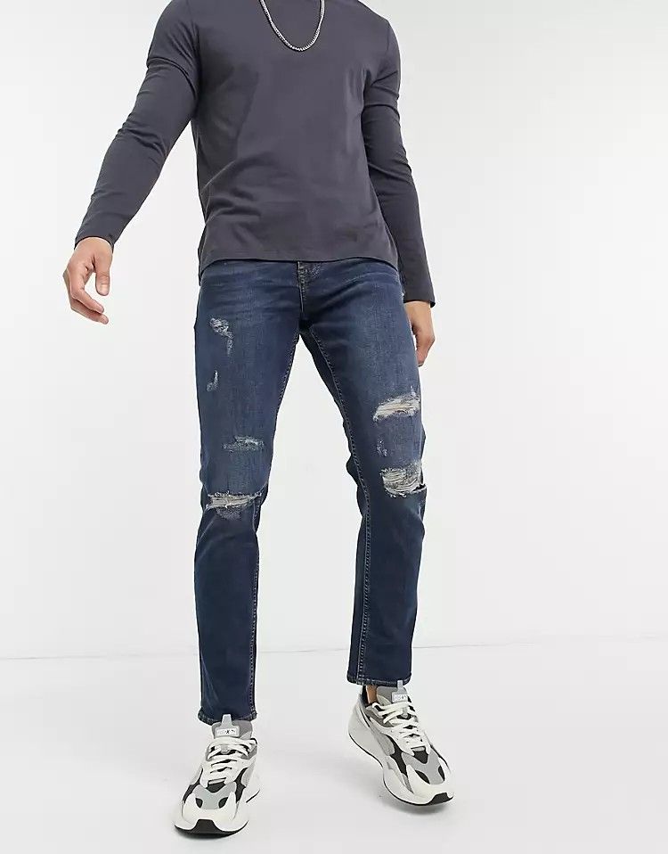 Slim Fit Rip Dark Blue Wash Jeans Size: W36 L32