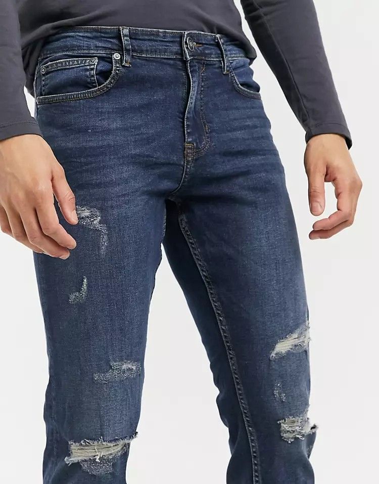 #0060 Super Stretch Slim Fit Rip Dark Blue Wash Jeans Size: W34 L32