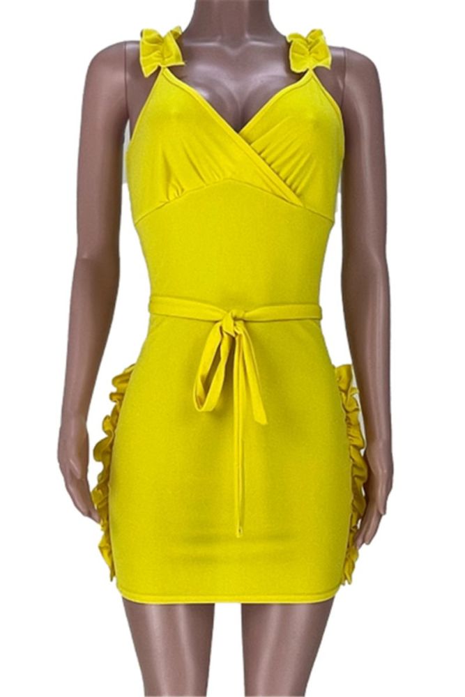 Yellow V-Neck Ruffle Bodycon Dress Size: M