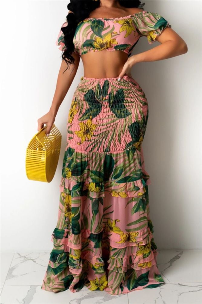 Off Shoulder Chiffon Two-Piece Skirt Set Size: M/L