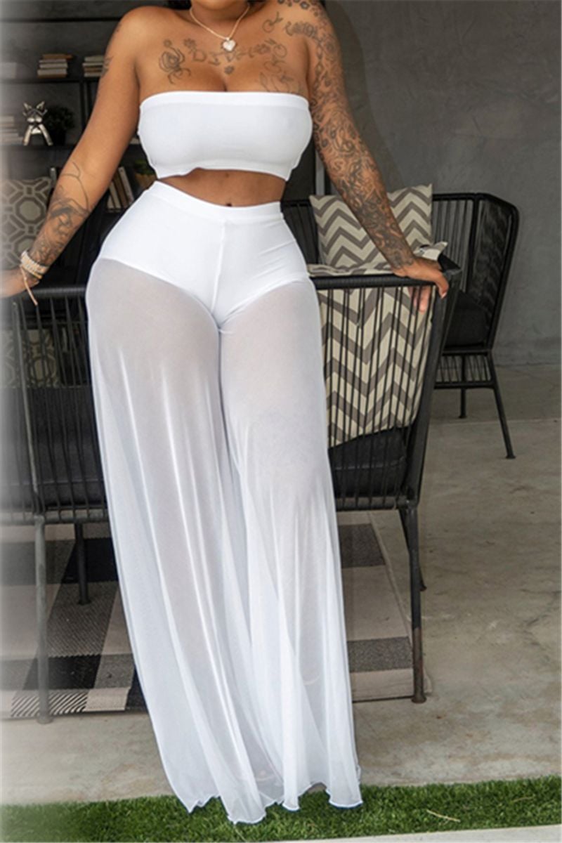 White Tube Top/Wide-Leg Mesh Pants Two-Piece Set Size: M