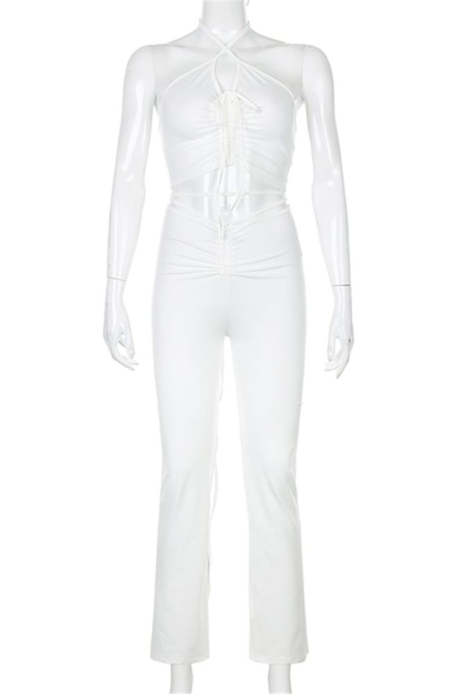 White Halter-Neck Stretch Two-Piece Pants Set Size: L