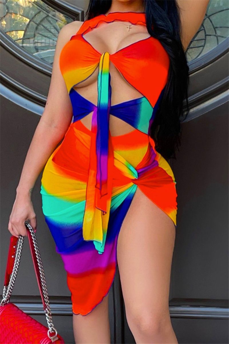 Multicolor Printed Mesh See Through Two-Piece Set Size: L