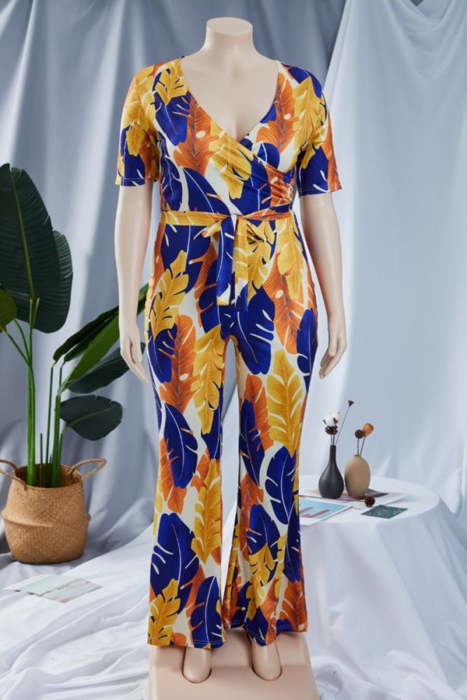 Oversize Leaves Printed Stretch Wide-Leg Jumpsuit Size: 1XL