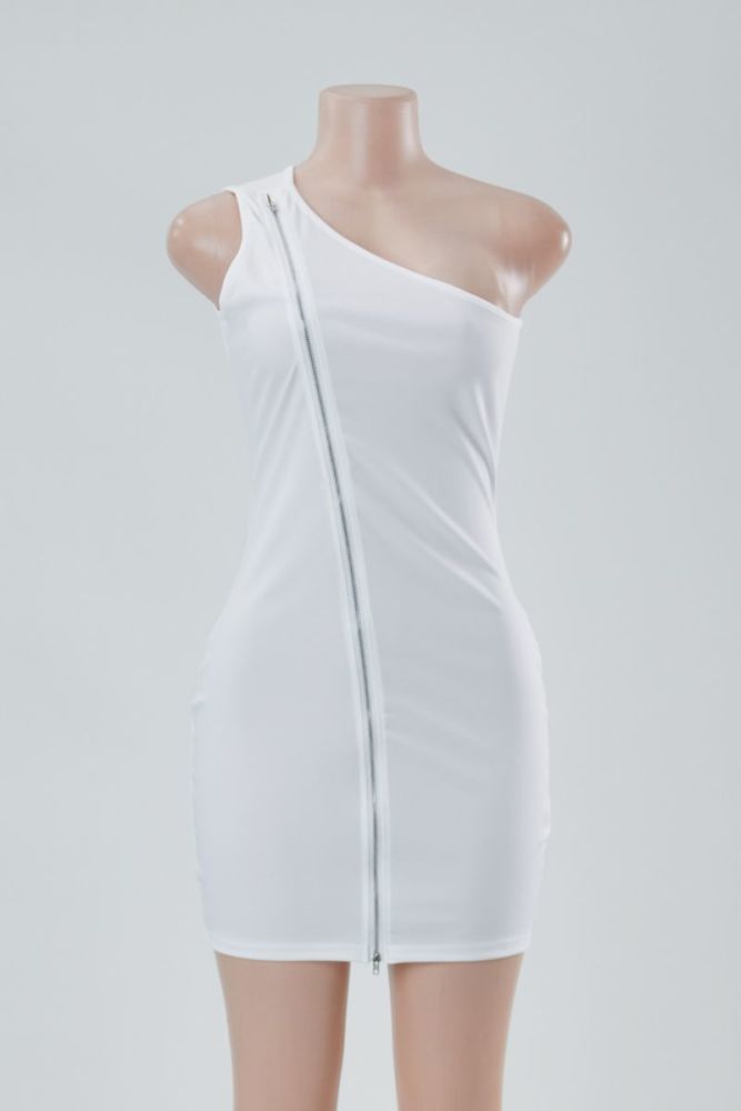 White One-shoulder Zip-up Bodycon Dress Size: M/L
