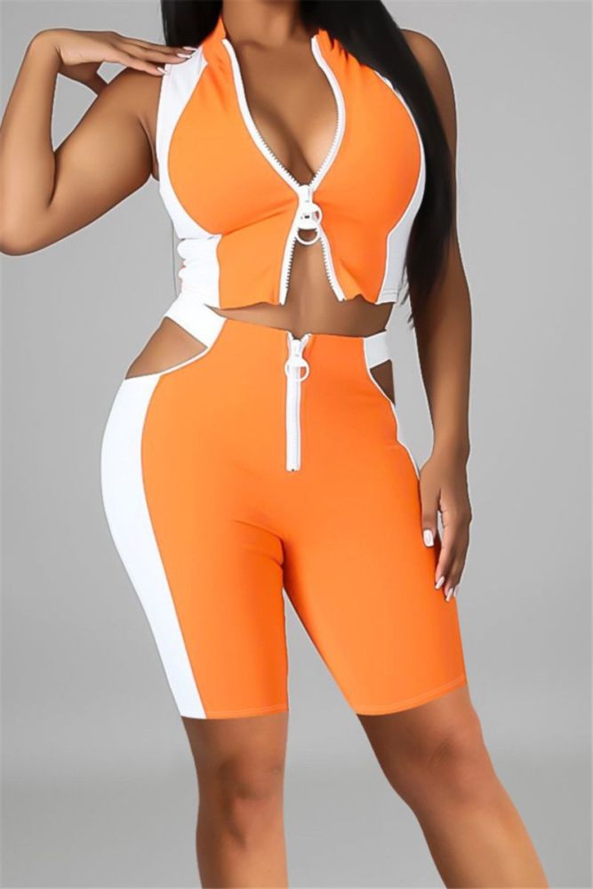 Orange Stretch Zip-Up Two-Piece Set Size: L