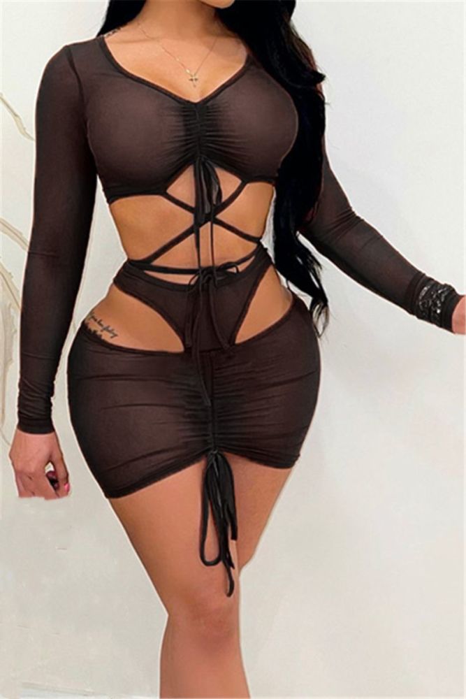 Black See-through Long Sleeve Two-piece Set Size: M/L