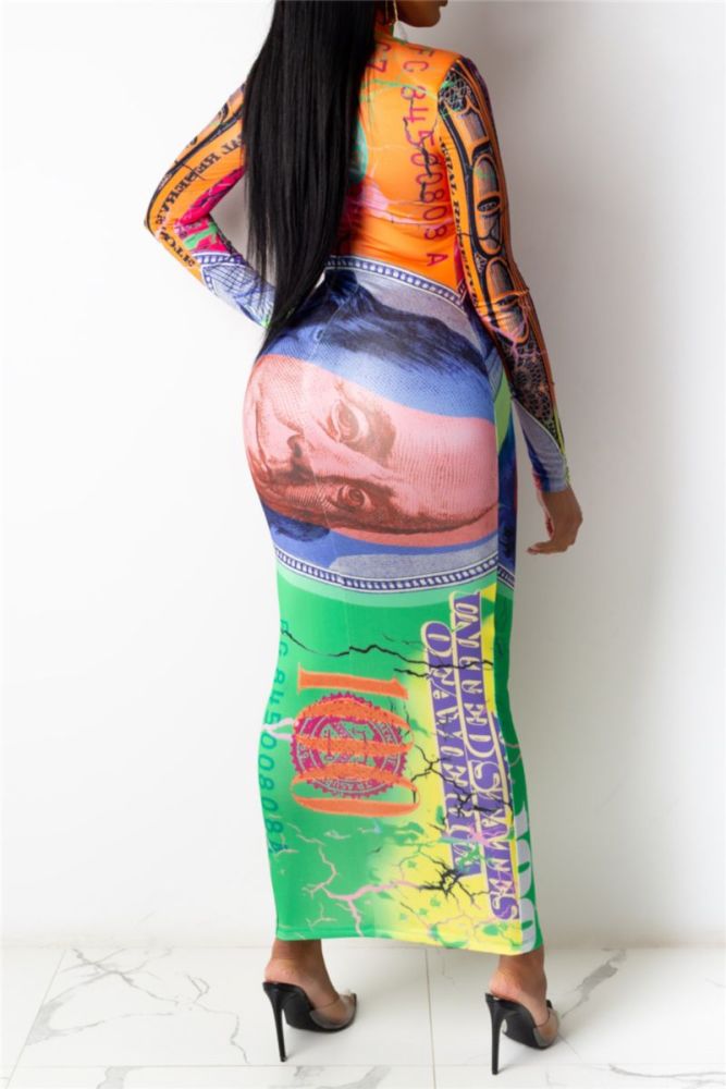 #CE4531 Long Sleeve Stretch Dollar Print Mesh Maxi Dress Size: L