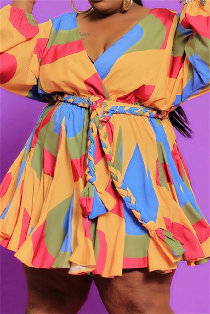 Multicolor Colorblock  V-Neck Mini Dress Size: 2XL