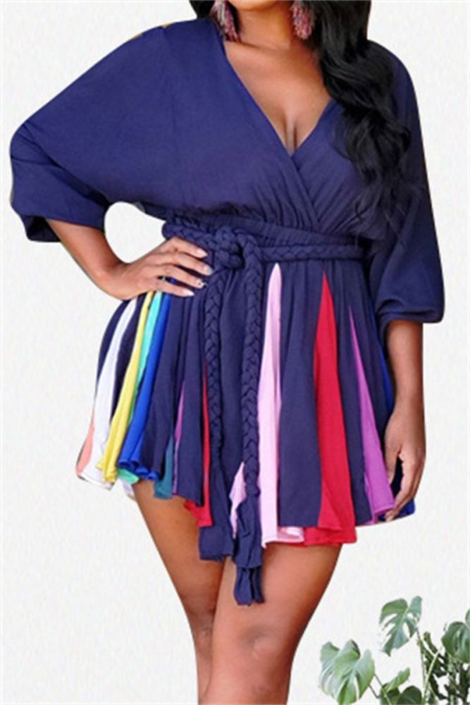 Multi  Color V-neck Mini Dress Size: L