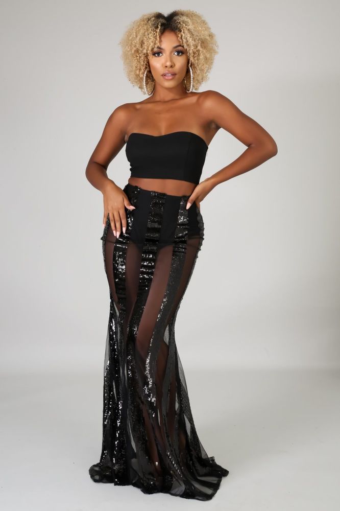 Size: L Black Sequin Stripe Maxi Skirt Set SKU: 78796