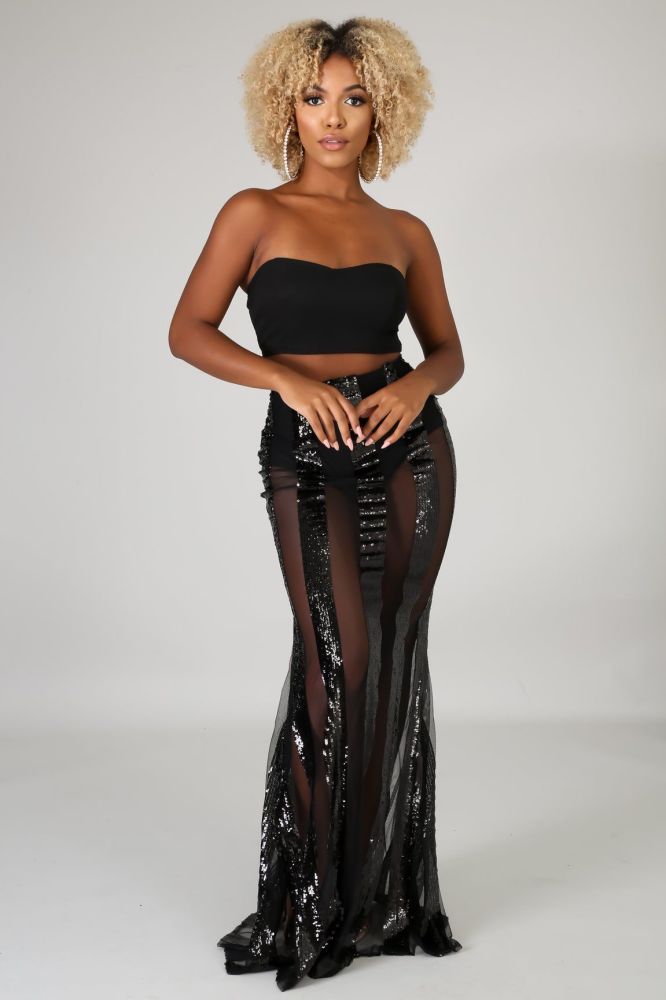 Size: L Black Sequin Stripe Maxi Skirt Set SKU: 78796