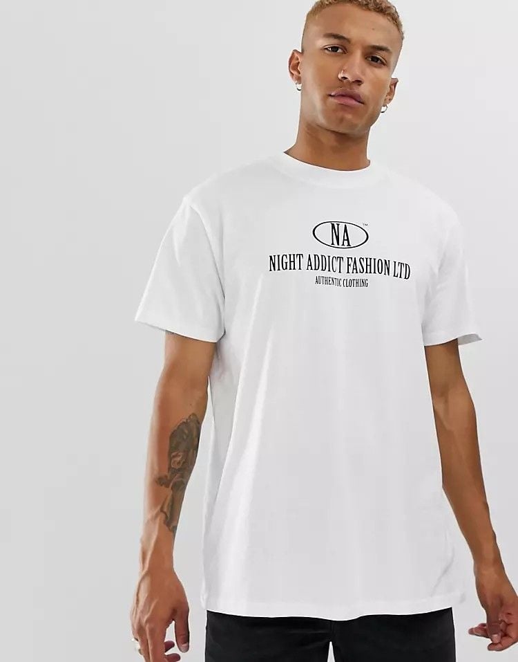 Oversized White Night Addict Logo Print T-shirt Size: XS