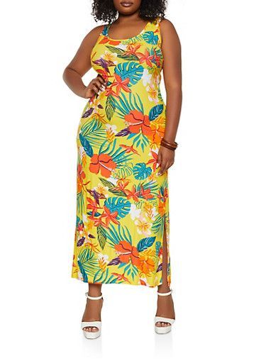 Yellow Tropical Print Maxi Tank Dress Size: 2XL 
