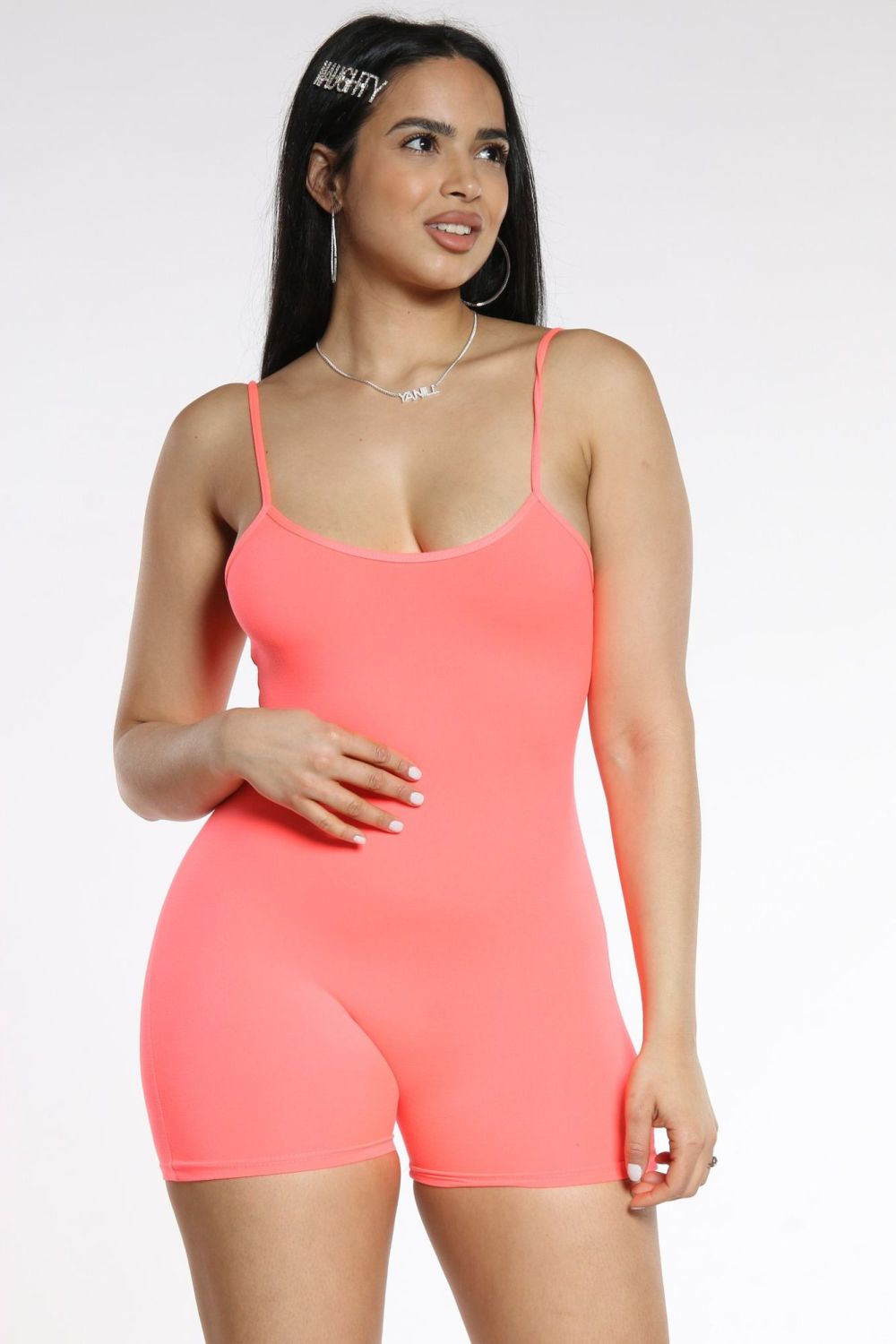 Neon Coral Cami Biker Playsuit Size: 2XL