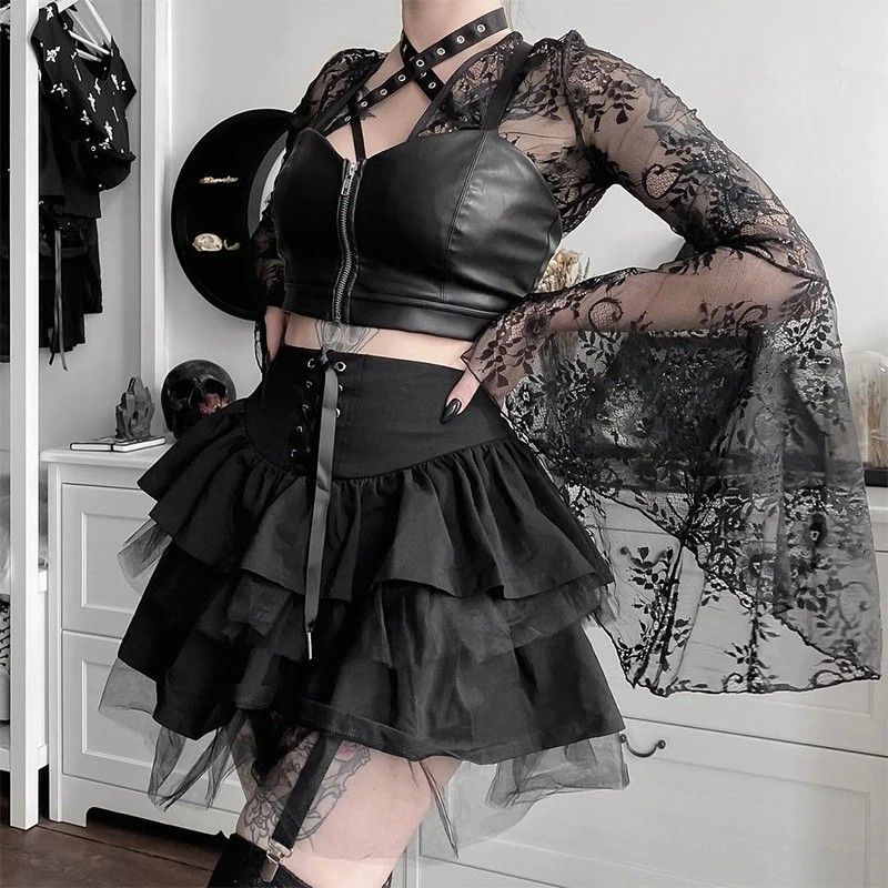 Black Mesh Trim Lace Up Mini Skirt Size: M