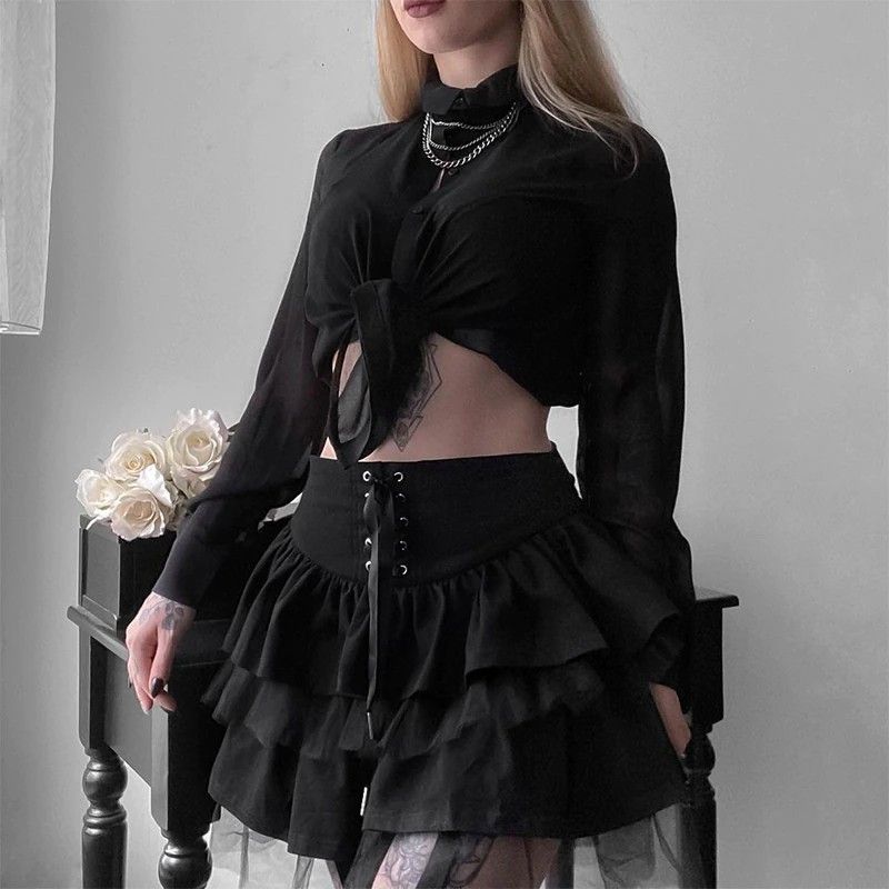 Black Mesh Trim Lace Up Mini Skirt Size: M