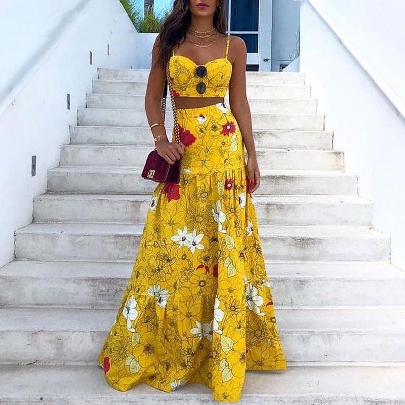 Yellow Floral Print Two-Piece Maxi Skirt Two Pieces Set Size: S