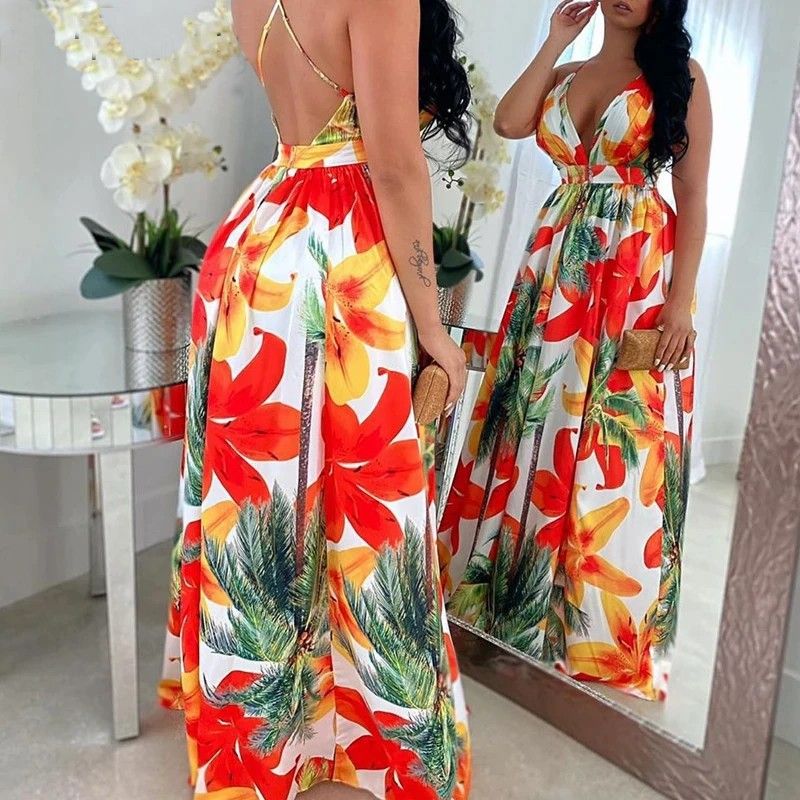 Floral Print Backless Maxi Dress Size: M