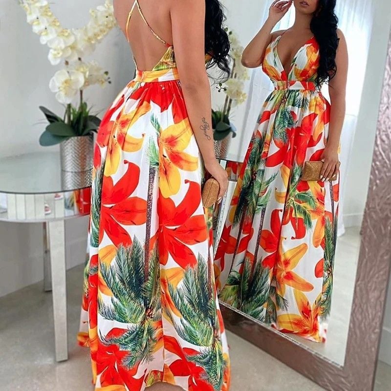 Floral Print Backless Maxi Dress Size M