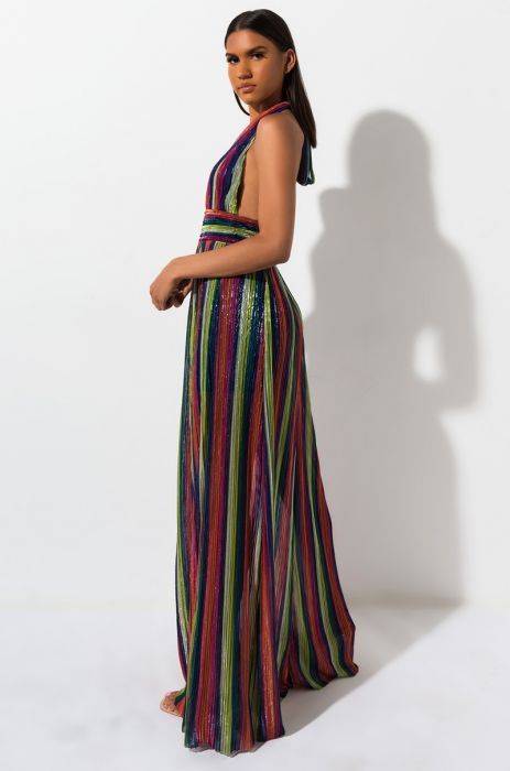 Rainbow Metallic Pleated Maxi Multi Color Dress Size: S