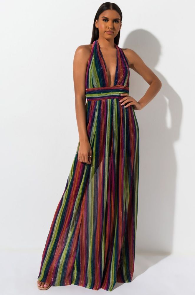 Rainbow Metallic Pleated Maxi Multi Color Dress Size: S