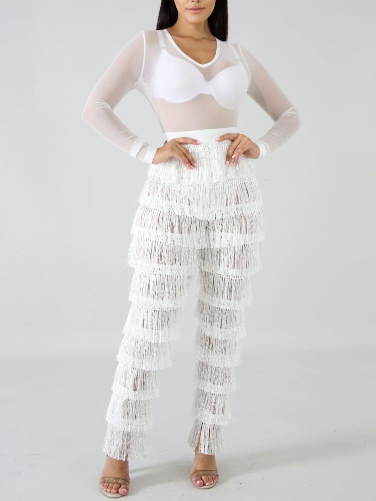 White Long Sleeve Bandage Fringe Details Jumpsuit Size: S