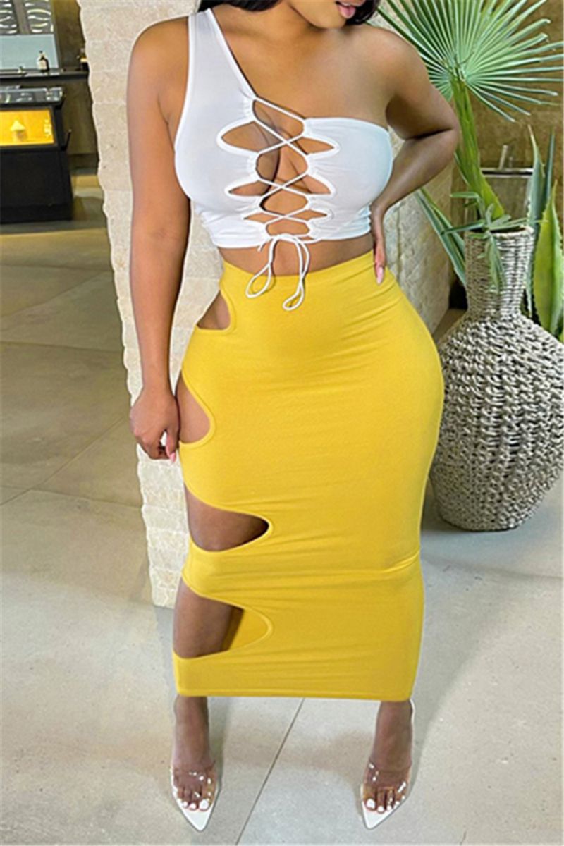 Yellow One Shoulder Stretch Two-Piece Set Size: M