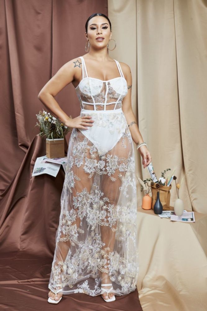 White See Through Skirt/Bodysuit Two-Piece Set Size: 1XL