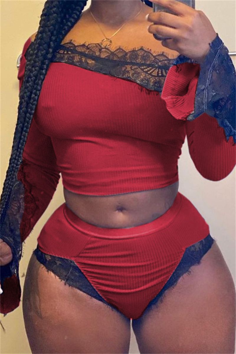 Red/Black Lace Trim Stretch Off-Shoulder Two-Piece Set Size: M