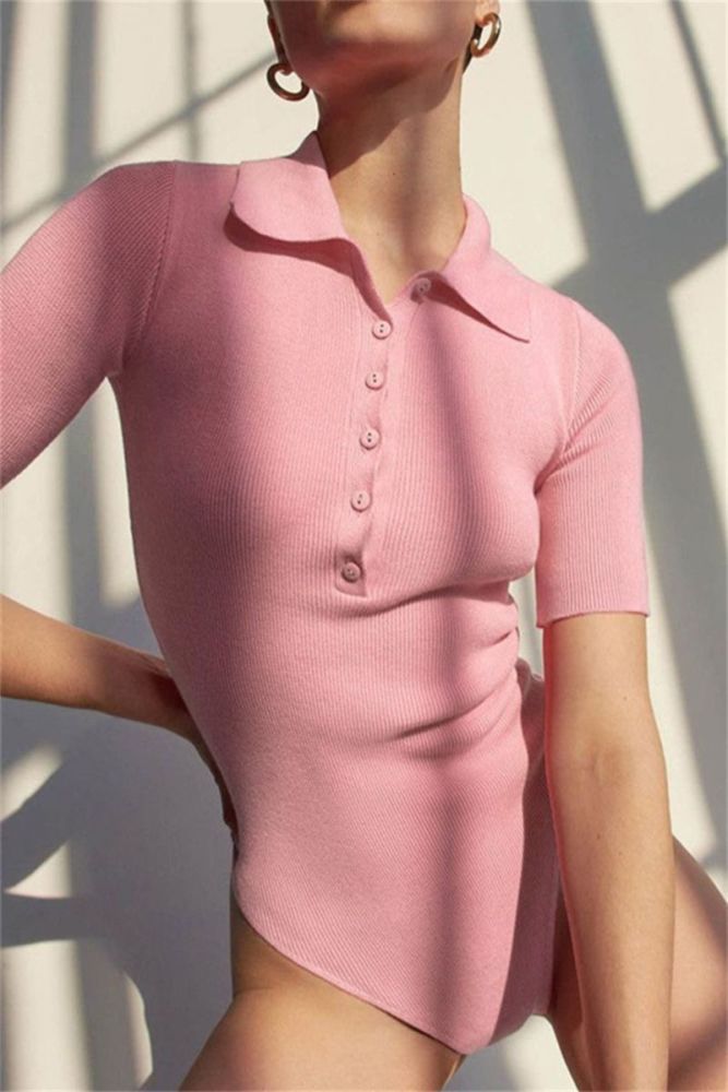 Pink Ribbed Fabric/Stretch Polo Collar Bodysuit Size: M