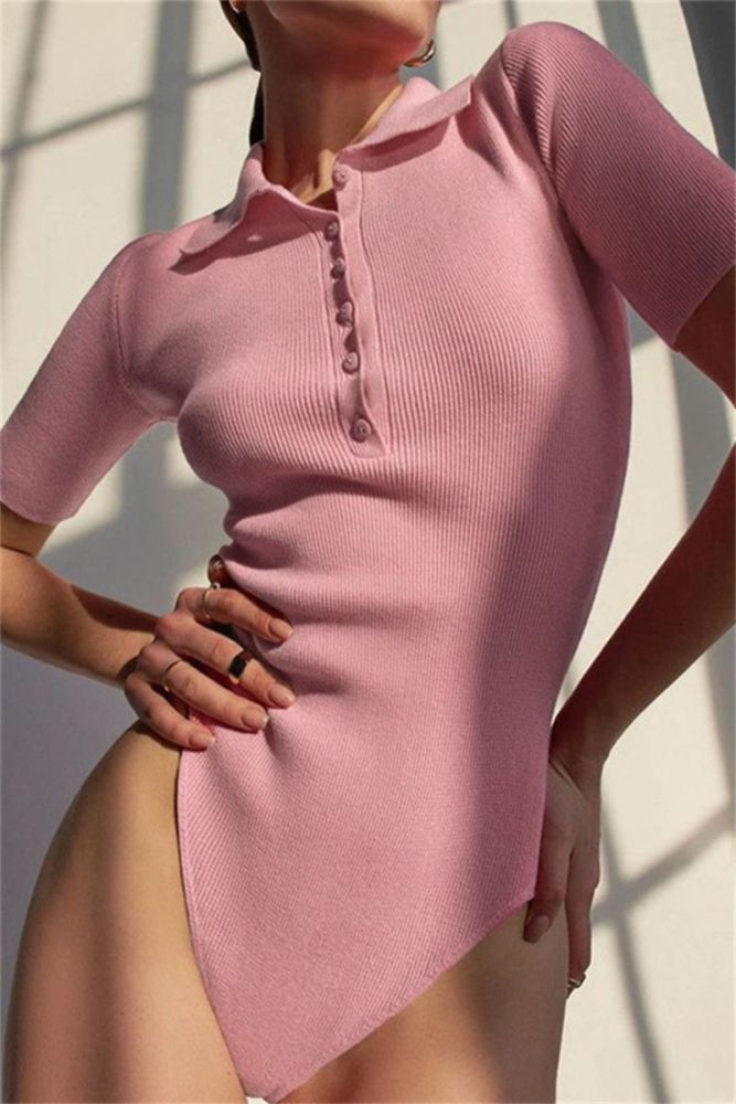 Pink Ribbed Fabric/Stretch Polo Collar Bodysuit Size: M