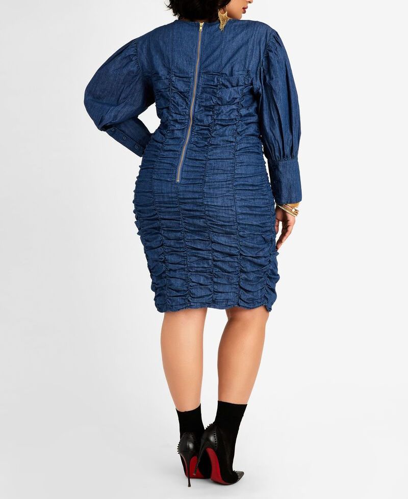 #D089 Long Puff Sleeves Denim Dress Size: 1XL