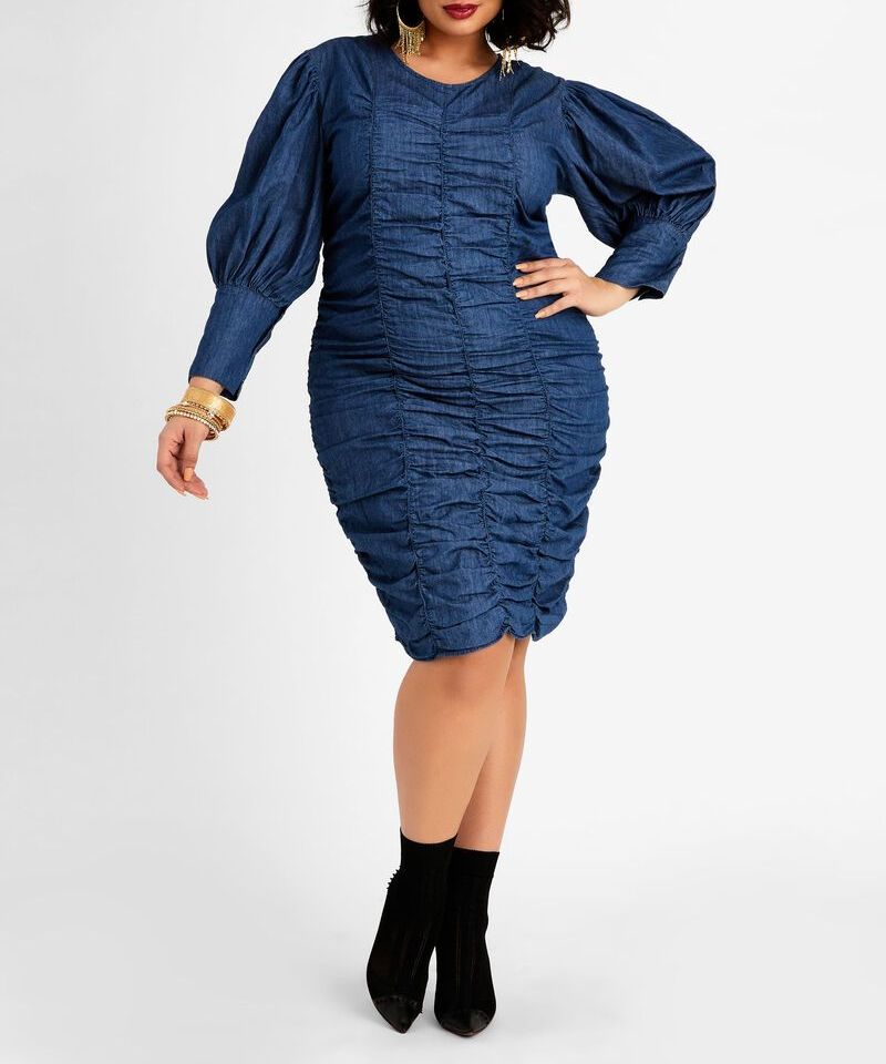 #D089 Long Puff Sleeves Denim Dress Size: 1XL