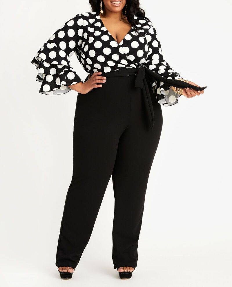 Polka Dots Tiered Sleeve Jumpsuit Size: 5XL