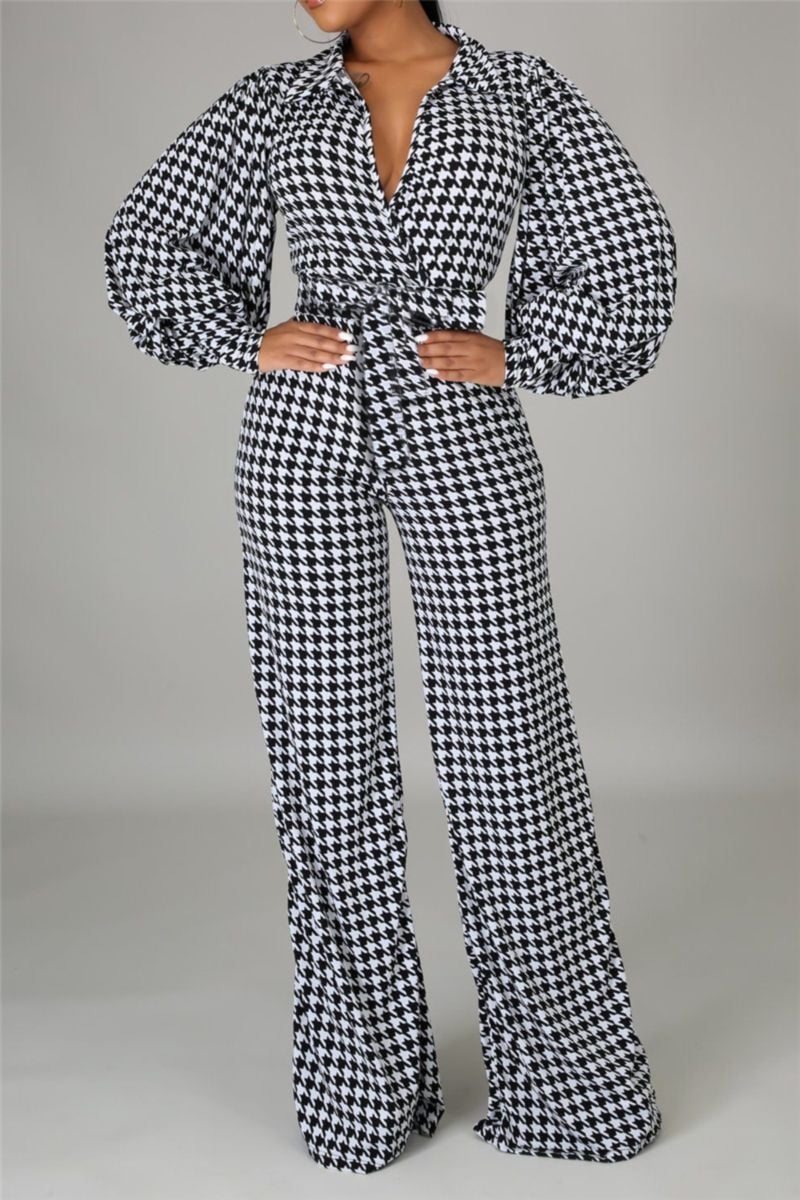 Long Sleeve V-Neck Stretch Houndstooth Printing Loose Jumpsuit Size: 