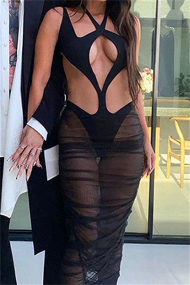 Buy 2 for $25 Black See Through Mesh Stretch Midi Dress Size: S SKU: A125