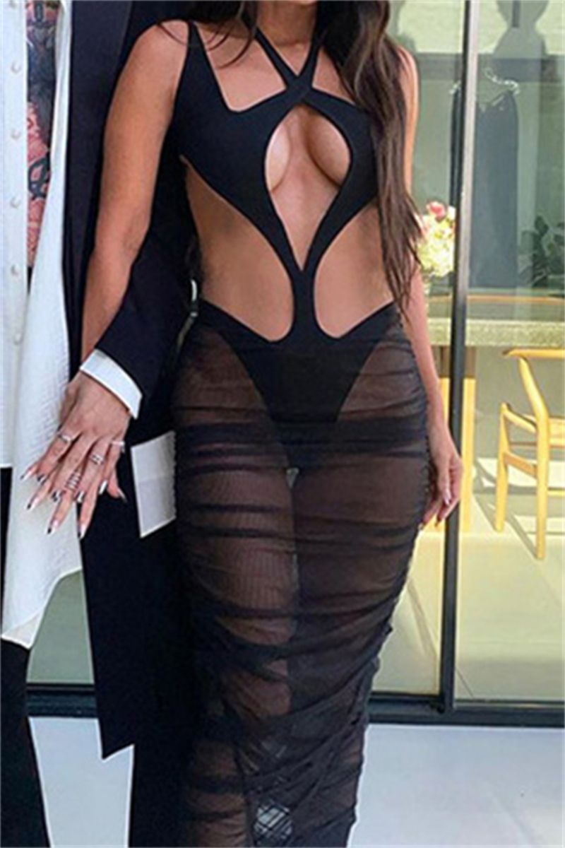Black See Through Mesh Stretch Midi Dress Size: 