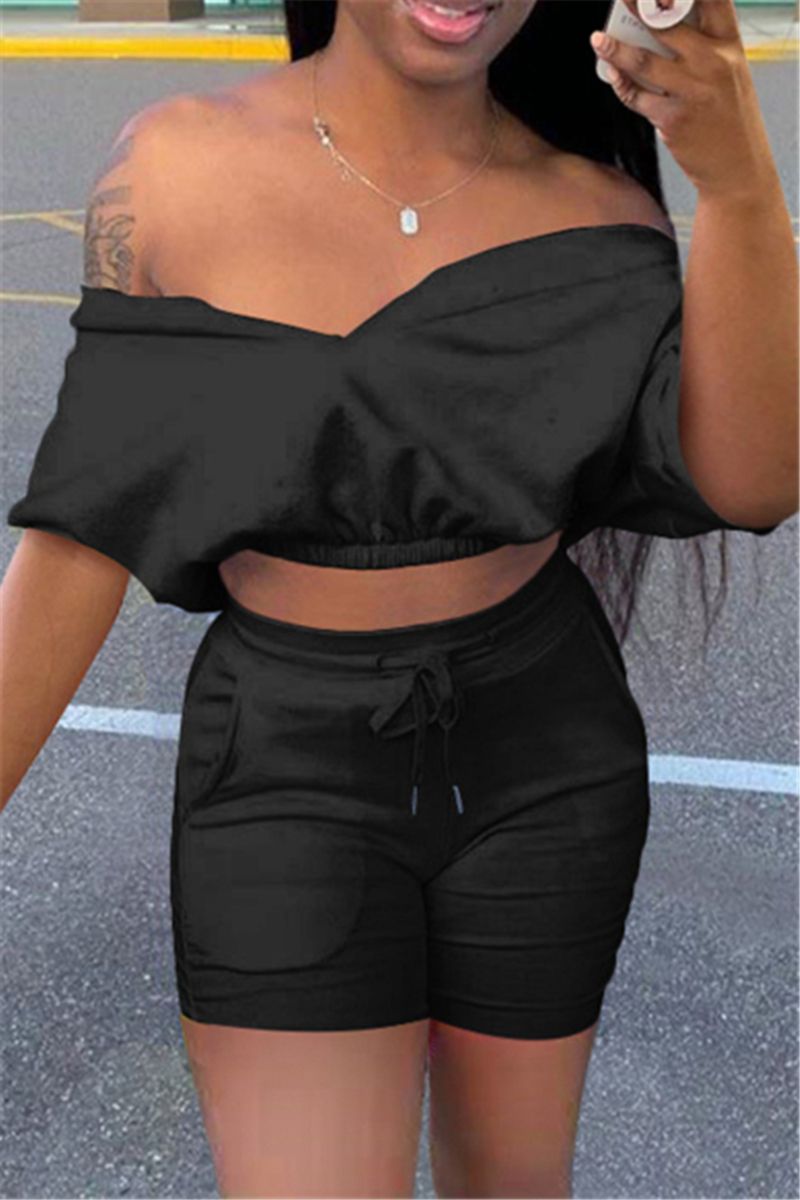Black  V-Neck Two-Piece Set Size:  