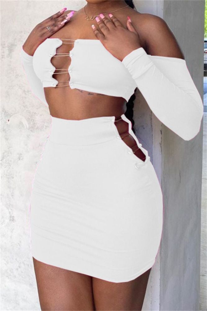 Size: S White Stretch Off-Shoulder Two-Piece Set SKU: 2P0939