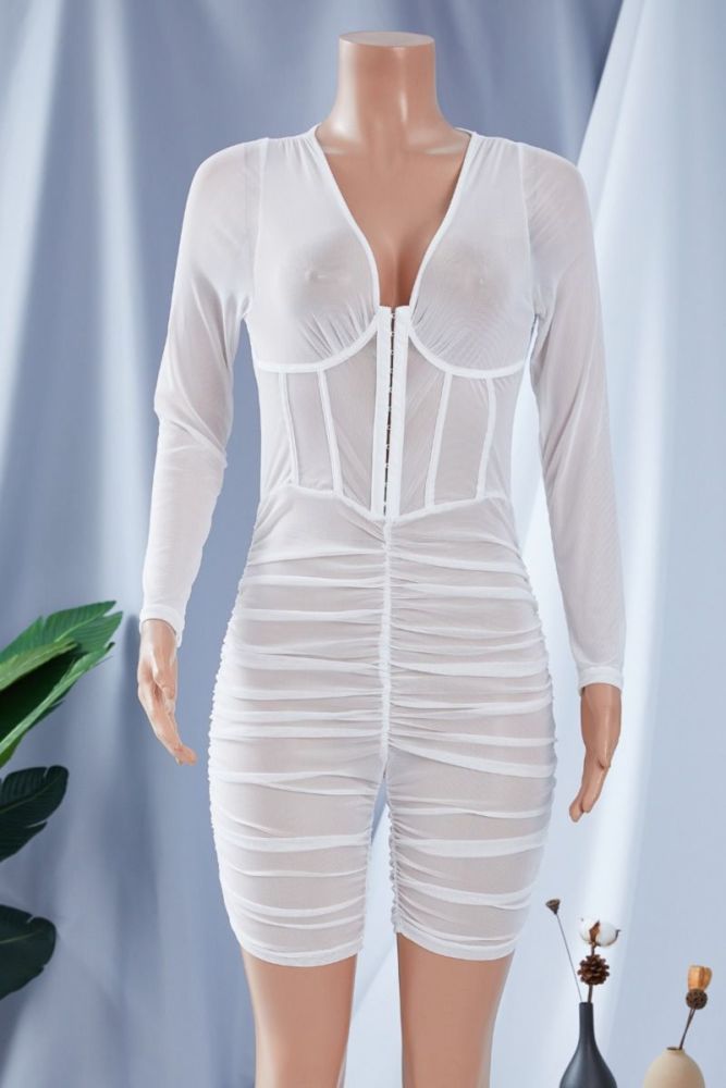 White Super Stretch Pleated Elastic Mesh Playsuit Size: L