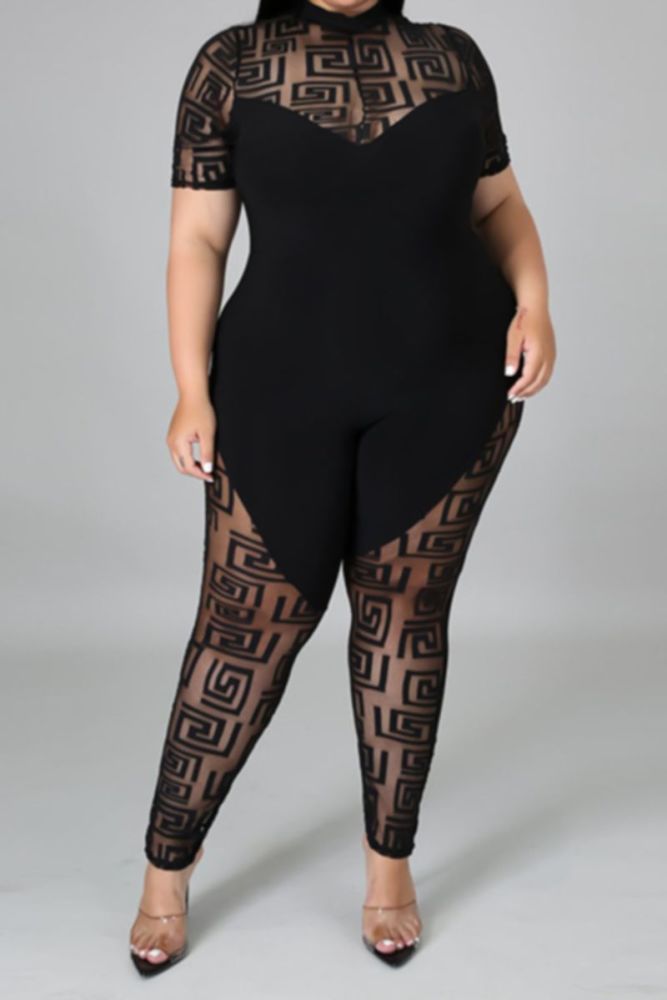 Black See Through Mesh Stretch Zip-Up Skinny Jumpsuit Size: L