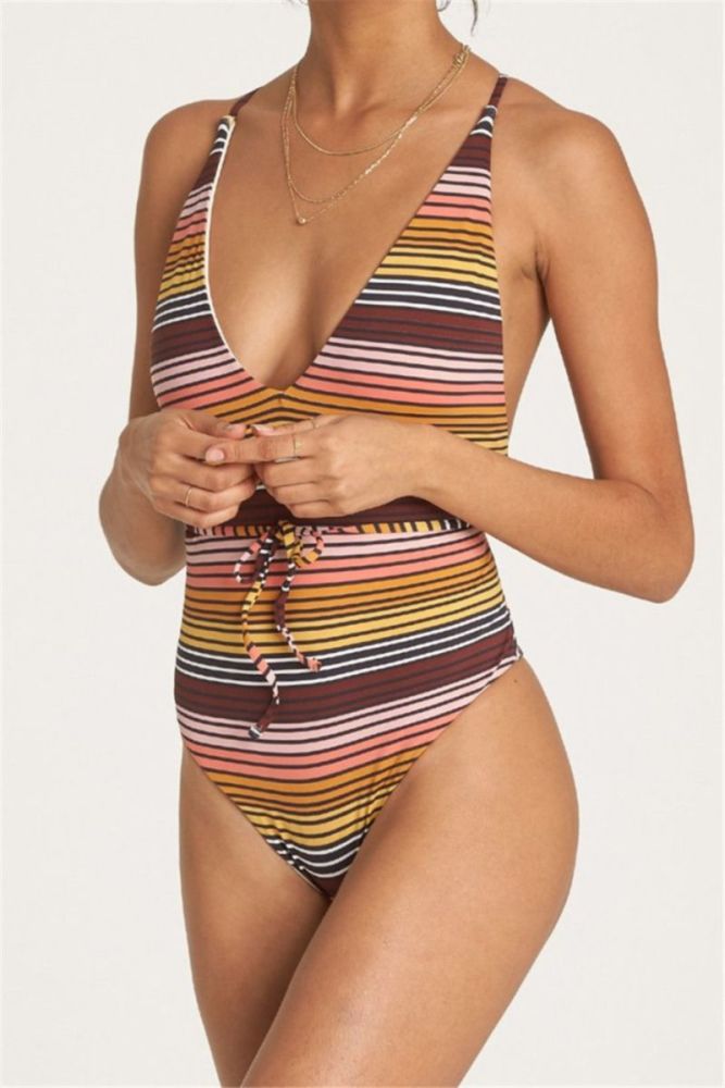 Stripe Print Padded One-Piece Swimsuit Size: L