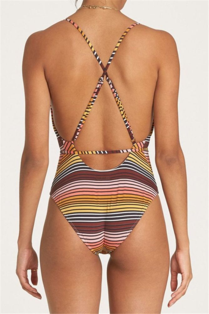 Stripe Print Padded One-Piece Swimsuit Size: L