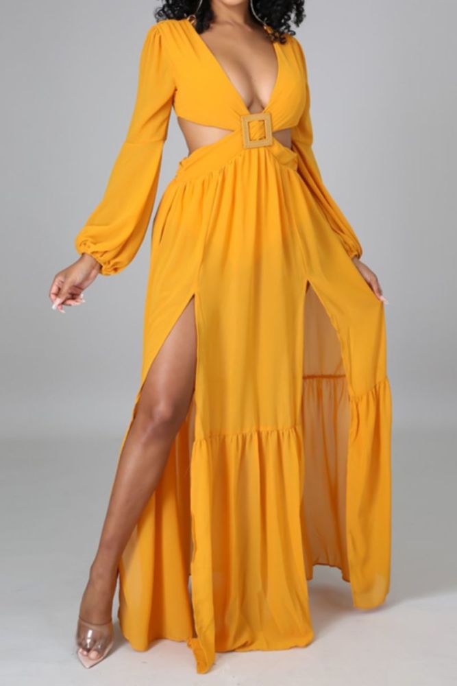 C714 Yellow Lace-Up Maxi Dress Size: L