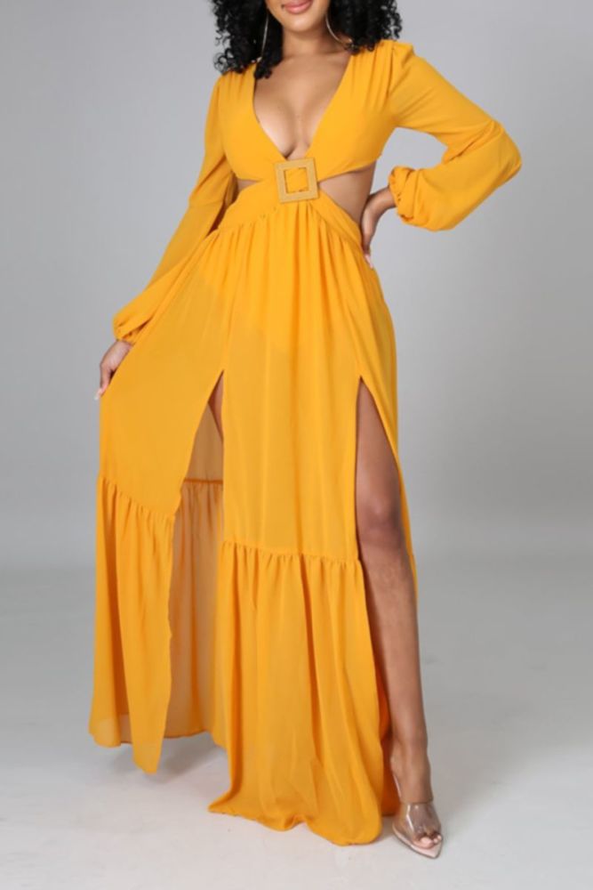 C714 Yellow Lace-Up Maxi Dress Size: L