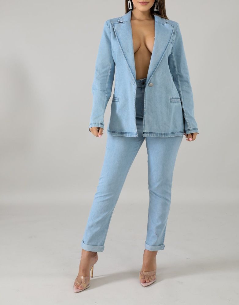 Denim Long Sleeve Blazer Pant Set Size: S