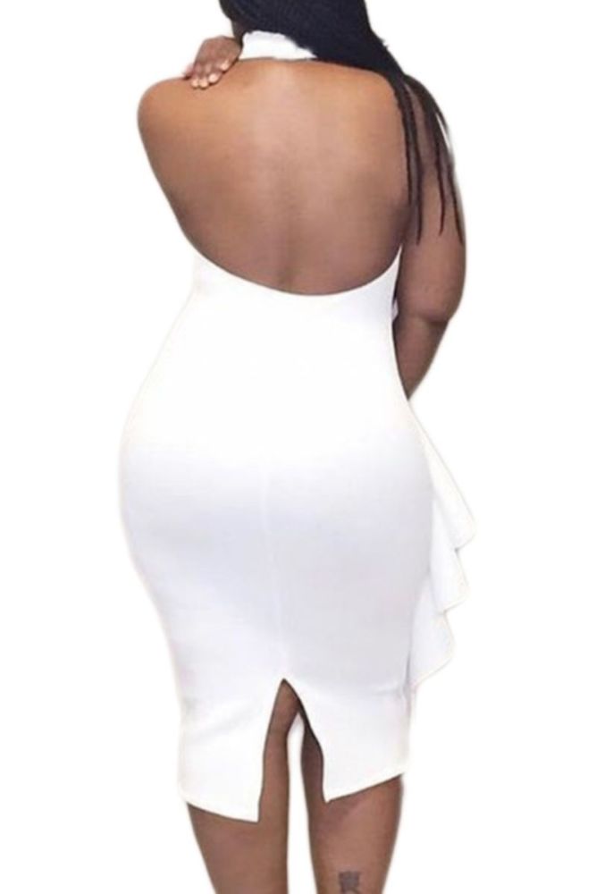 D016 White Ruffle Backless Stretch Fit Dress Size: 2XL