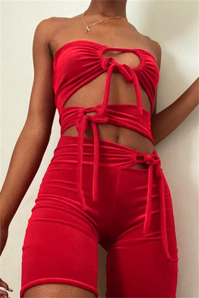 Red Stretch Tube Top Lace-Up Playsuit Size: L